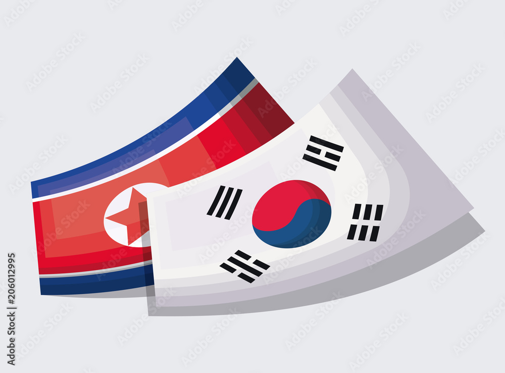 north korea and south korea flags over white, colorful design. vector illustration