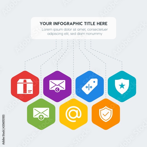 Flat geometric security, email, shopping infographic steps template with 7 options for presentations, advertising, annual reports