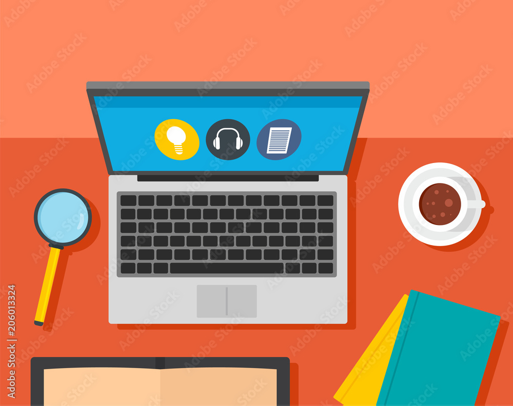 Desktop laptop learning background. Flat illustration of desktop laptop learning vector background for web design Desktop laptop learning background. Flat illustration of desktop laptop learning vector background for web design