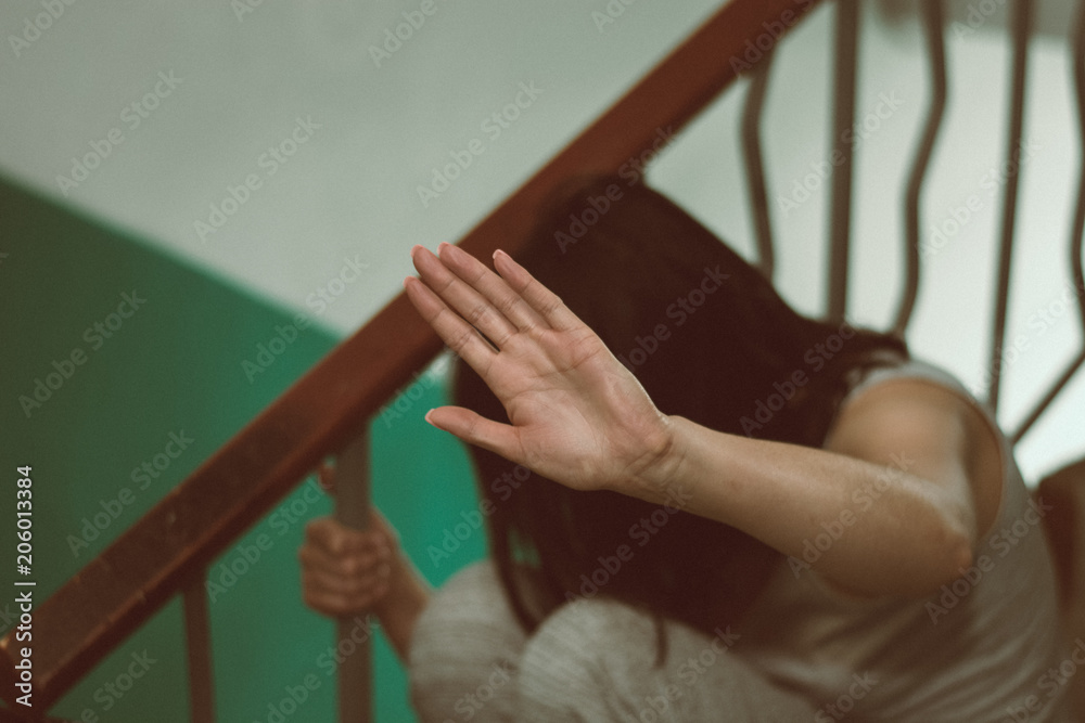 Obraz premium Female slavery in an abandoned building, ending violence against women, international women's day.