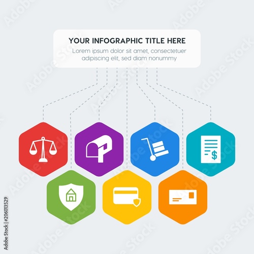 Flat geometric security, email, shopping infographic steps template with 7 options for presentations, advertising, annual reports