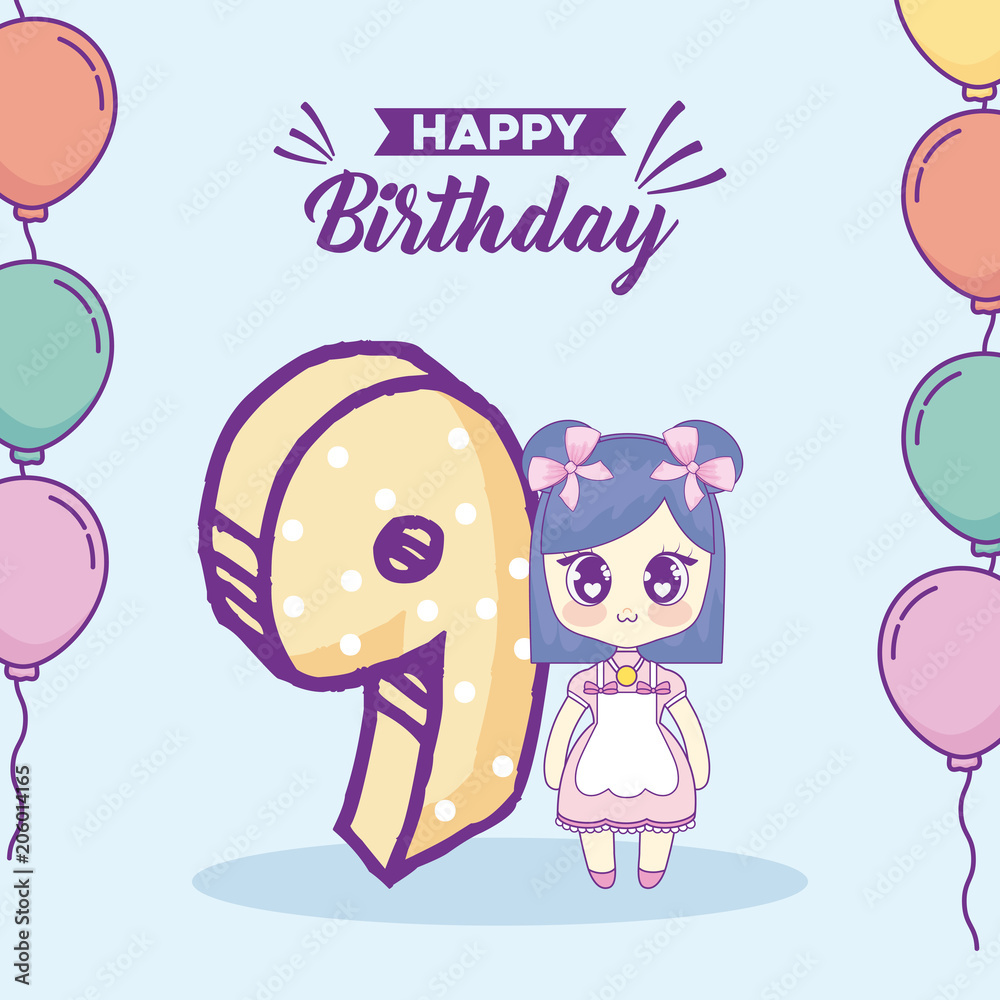 Happy birthday design with Kawaii Anime girl and number 9 over blue  background, colorful design. vector illustration Векторный объект Stock |  Adobe Stock