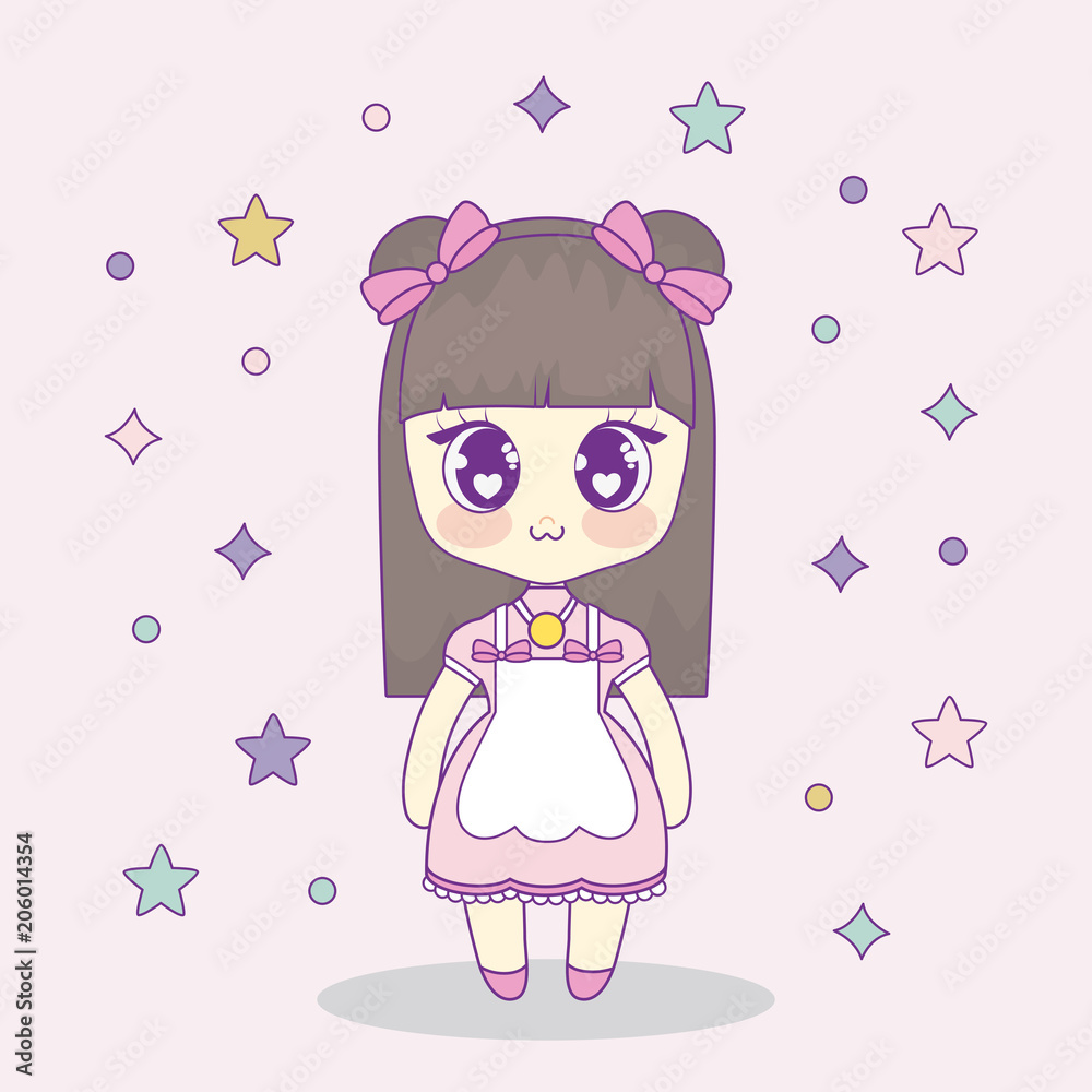 kawaii anime girl with decorative stars around over pink background, colorful design. vector illustration