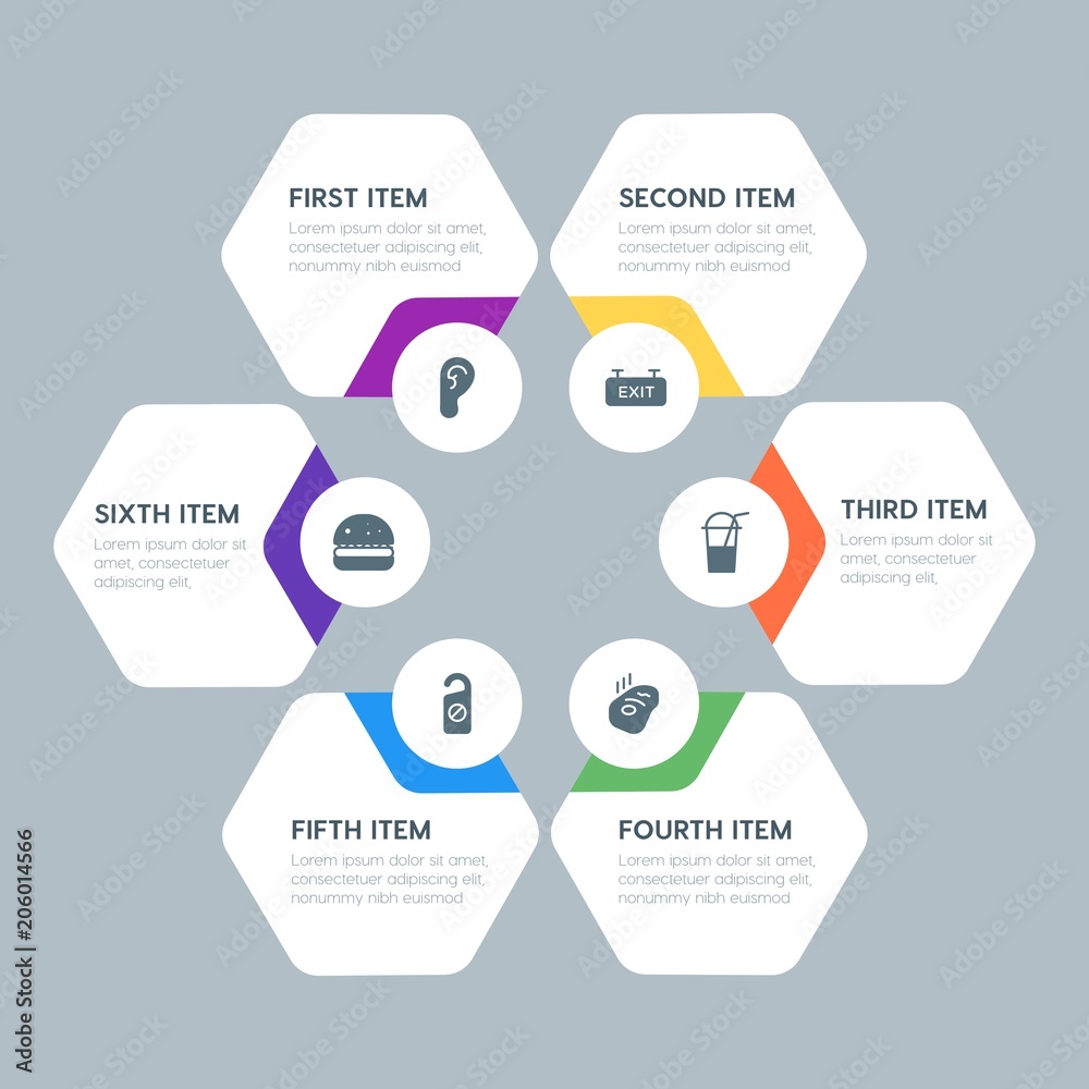 Fototapeta premium Flat geometric food, health, hotel, drinks infographic steps template with 6 options for presentations, advertising, annual reports.