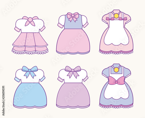 icon set of anime womans costumes over pink background, colorful design. vector illustration