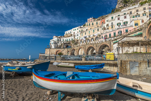 Boat in Atrani in Amalfi Italy photo