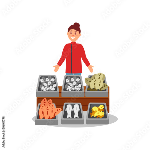 Young smiling woman standing near stand with fresh fish at local market. Street seafood shop. Flat vector design