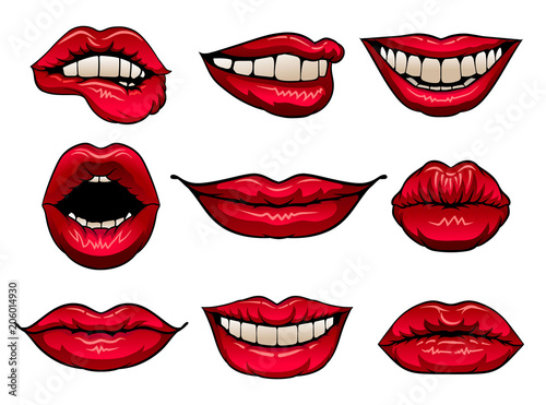Flat vector set of female lips with bright red lipstick. Icons of women s mouths. Design for print, mobile app, sticker or promo poster