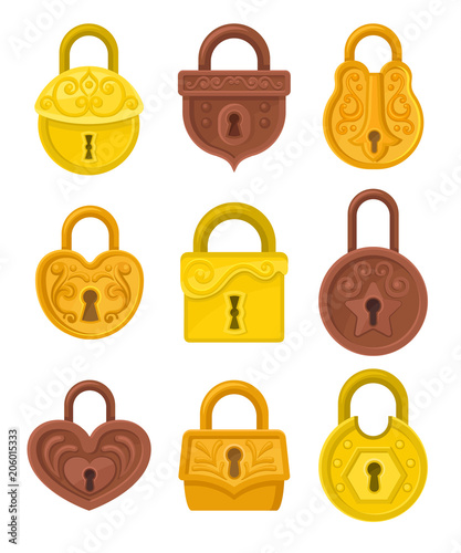 Flat vector set of vintage padlocks decorated with ornamental engraving. Antique hanging locks. Design for postcard, mobile game or app