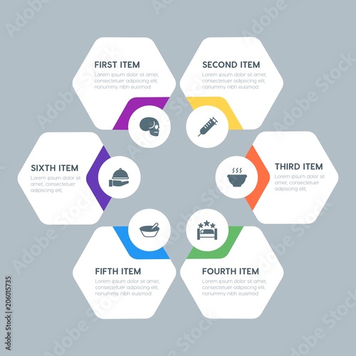 Flat geometric food, health, hotel, drinks infographic steps template with 6 options for presentations, advertising, annual reports.