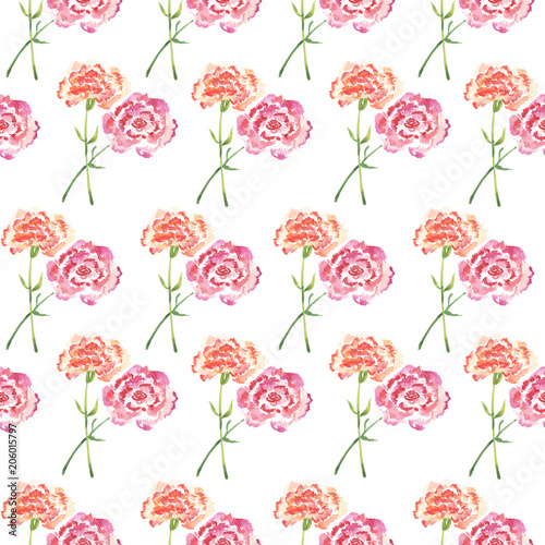 Seamless pattern, pairs of watercolor carnations
