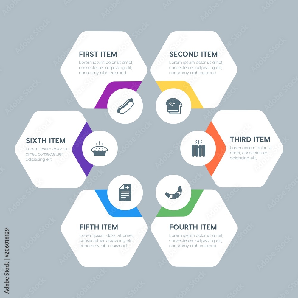 Fototapeta premium Flat geometric food, health, hotel, drinks infographic steps template with 6 options for presentations, advertising, annual reports.