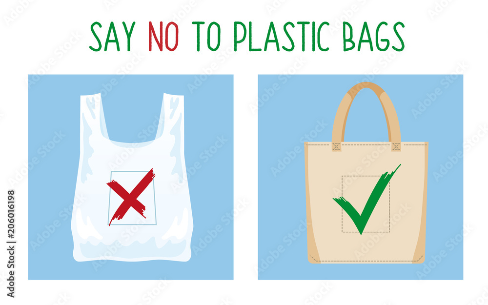 Pollution problem concept. Say no to plastic bag. Cartoon image of  cellophane packet and textile bag with signage calling for stop using  polythene package. Vector illustration. Stock Vector | Adobe Stock