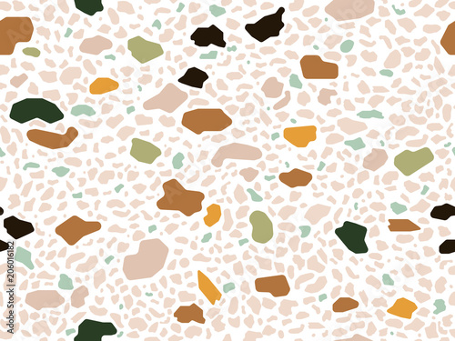 Terrazzo floor marble seamless hand crafted pattern. Traditional venetian material.Granite and quartz rocks and sprinkles mixed on polished surface.Abstract vector background for architecture designs