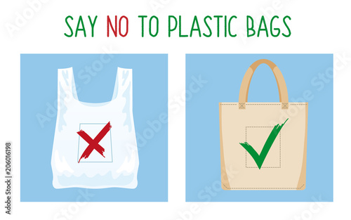 Pollution problem concept. Say no to plastic bag. Cartoon image of cellophane packet and textile bag with signage calling for stop using polythene package. Vector illustration.