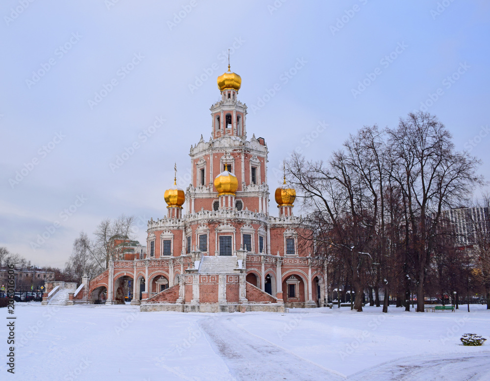 The Church of the Intercession in Fili was erected in 1690-1694 in the style of the early Moscow baroque. The architect of the temple is the architect Yakov Bukhvostov. Russia, Moscow, December 2017.