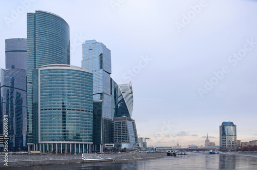 High-rise buildings of the Moscow international business center Moscow City on the bank of the Moskva River. The beginning of construction 1998. Russia  Moscow  December 2017.