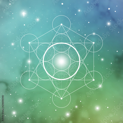 Spirit element symbol inside Metatron Cube and Flower of Life in front of outer space cosmic background. Sacred geometry magic sign futuristic vector design.