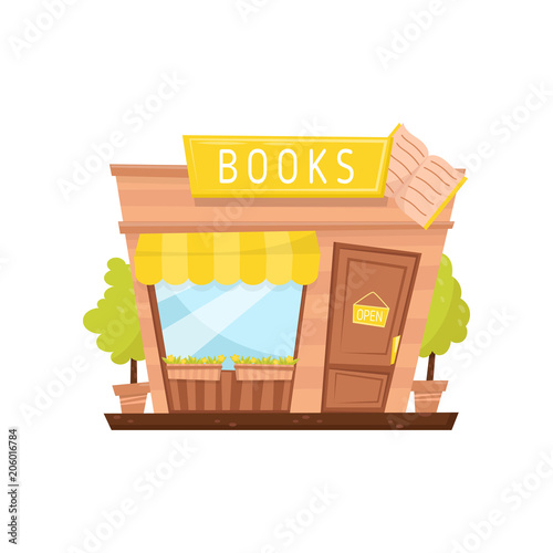 Fototapeta Naklejka Na Ścianę i Meble -  Cartoon vector icon of book store facade. Building with signboard, wooden door, big window, awning and decorative plants in pots