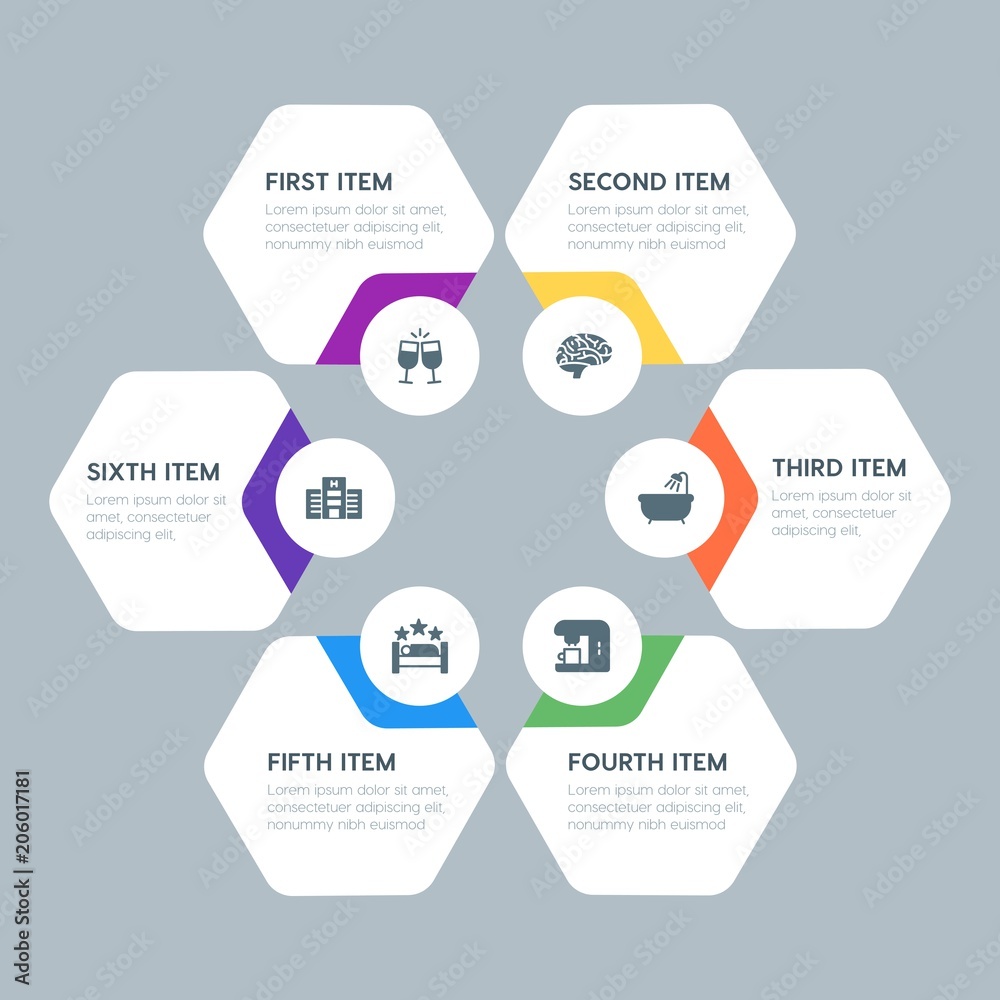 Flat geometric food, health, hotel, drinks infographic steps template with 6 options for presentations, advertising, annual reports. Flat geometric food, health, hotel, drinks infographic steps template with 6 options for presentations, advertising, annual reports.