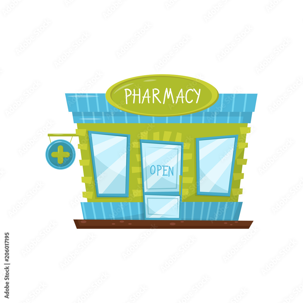 Obraz premium Pharmacy building facade with signboard, glass door and windows. Exterior of drugstore in cartoon style. Flat vector design