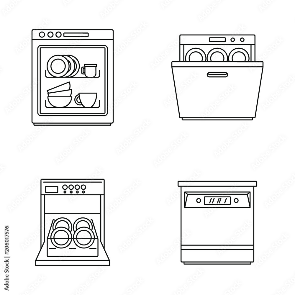 Dishwasher machine kitchen icons set. Outline illustration of 4 dishwasher machine kitchen vector icons for web