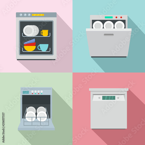 Dishwasher machine kitchen icons set. Flat illustration of 4 dishwasher machine kitchen vector icons for web photo