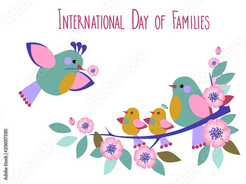 Vector illustrationof cute cartoon birds . Colorful Card with Flowering branch and Birds. Can be used for your postcards, greeting cards, printing business cards , posters and other printing. Grouped 