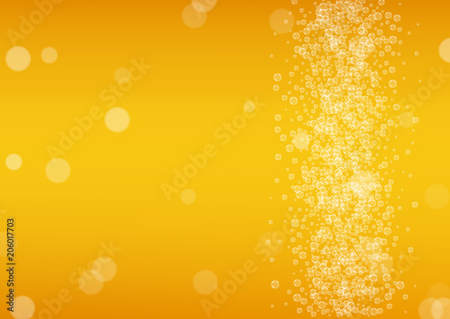 Beer bubbles background with realistic white foam.  Cool beverage for restaurant menu design, banners and flyers.  Yellow horizontal beer bubbles backdrop. Fresh cup of lager for brewery design.