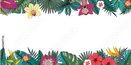 Tropical vector design with exotic palm leaves, hibiscus, orchids flowers.