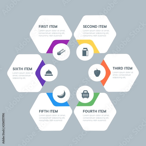 Flat geometric food, health, hotel, drinks infographic steps template with 6 options for presentations, advertising, annual reports.