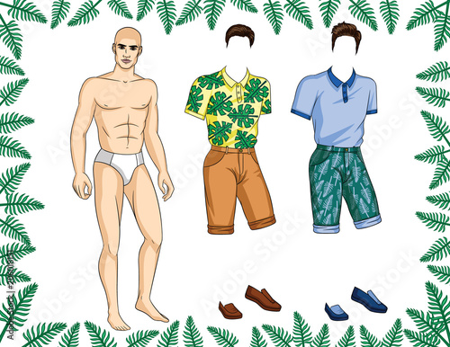 Vector constructor of paper doll man with set of stylish summer clothes, shoes and hairstyle. Handsome guy with trendy casual outfit for vacation