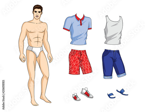 Vector paper doll man with set of stylish summer clothes and shoes. Handsome fit guy with trendy casual outfit for vacation