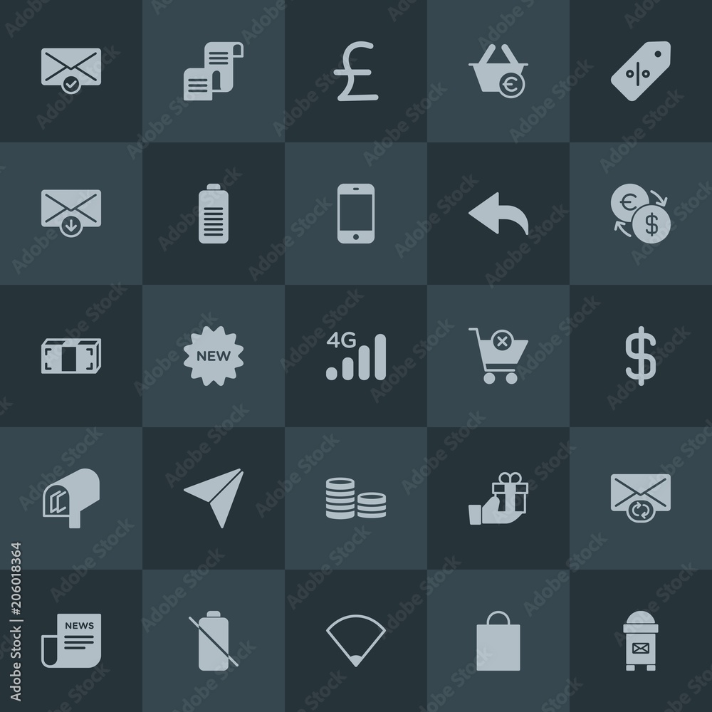 Modern Simple Set of money, mobile, email, shopping Vector fill Icons. Contains such Icons as magazine,  network, new,  money,  wifi, sale and more on dark background. Fully Editable. Pixel Perfect.