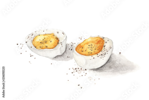 Hard boiled egg with pepper isolated on white background. Hand drawn watercolor illustration.