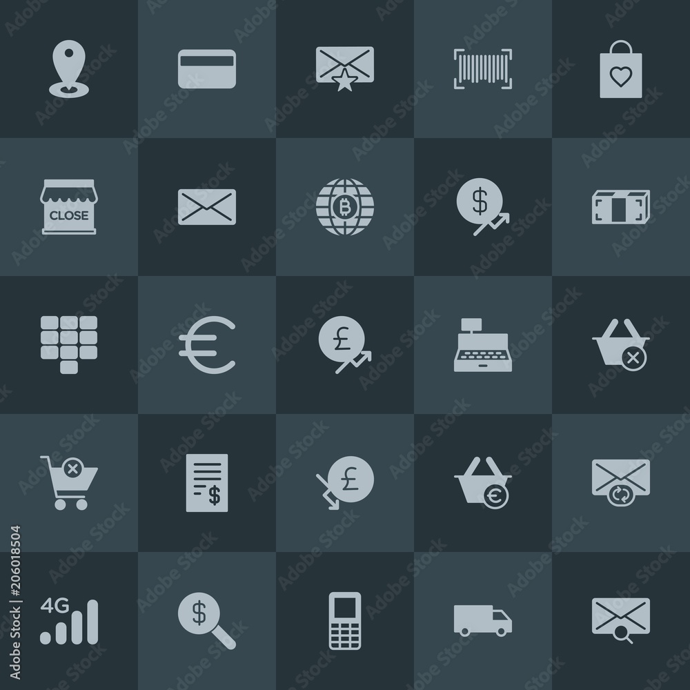 Modern Simple Set of money, mobile, email, shopping Vector fill Icons. Contains such Icons as  cargo,  vintage,  communication,  position and more on dark background. Fully Editable. Pixel Perfect.