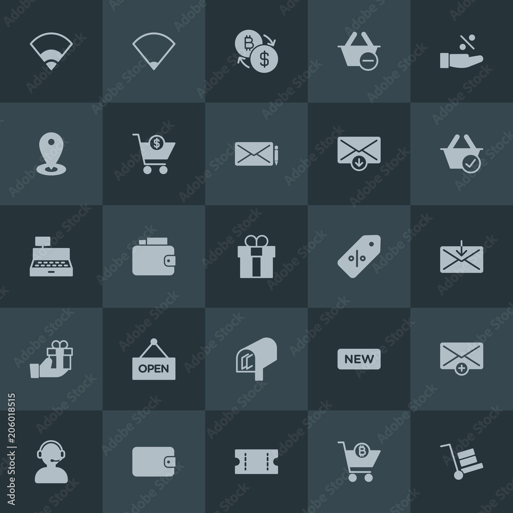 Modern Simple Set of money, mobile, email, shopping Vector fill Icons. Contains such Icons as money,  box,  cash,  bitcoin, service,  signal and more on dark background. Fully Editable. Pixel Perfect.