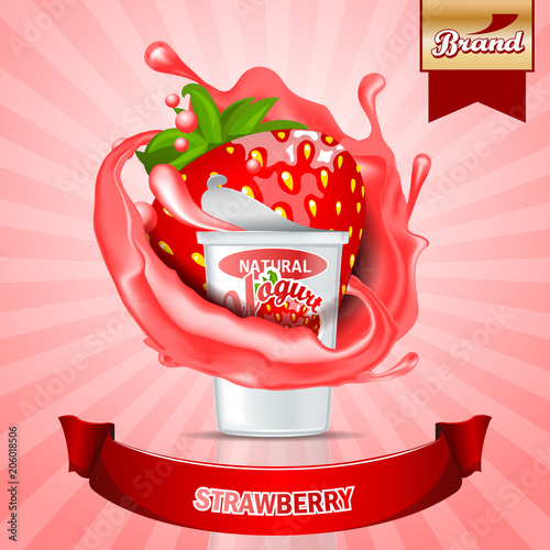 Strawberry yogurt ads. Splashing scene with package and fruits. Editable mockup.