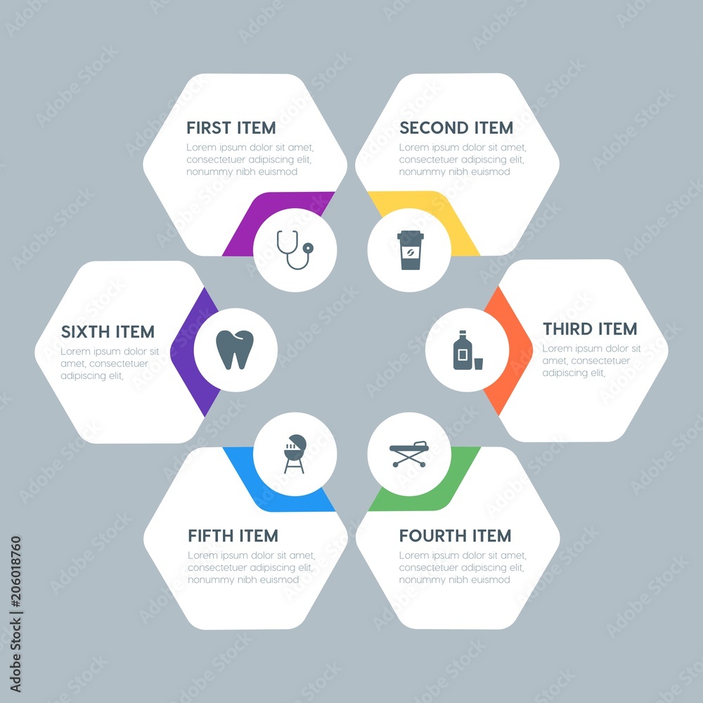 Flat geometric food, health, hotel, drinks infographic steps template with 6 options for presentations, advertising, annual reports.