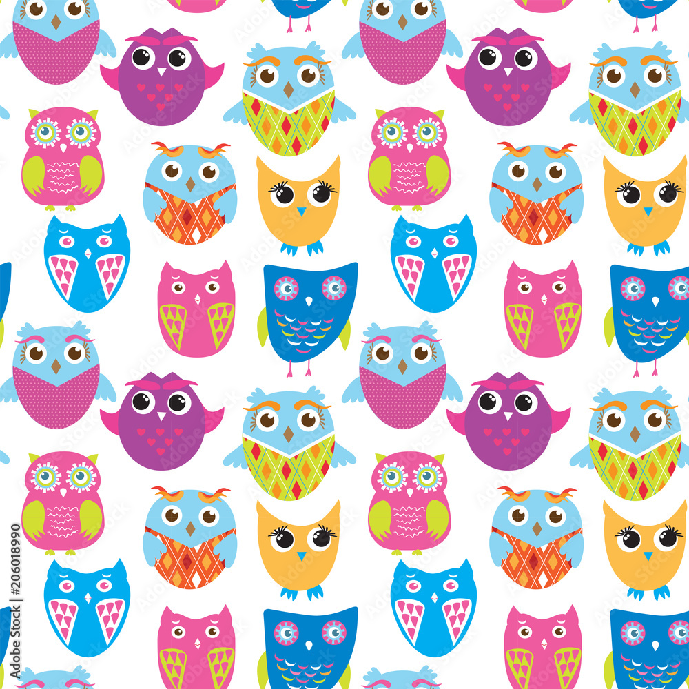 Fototapeta premium Seamless vector pattern with cartoon doodle owls.