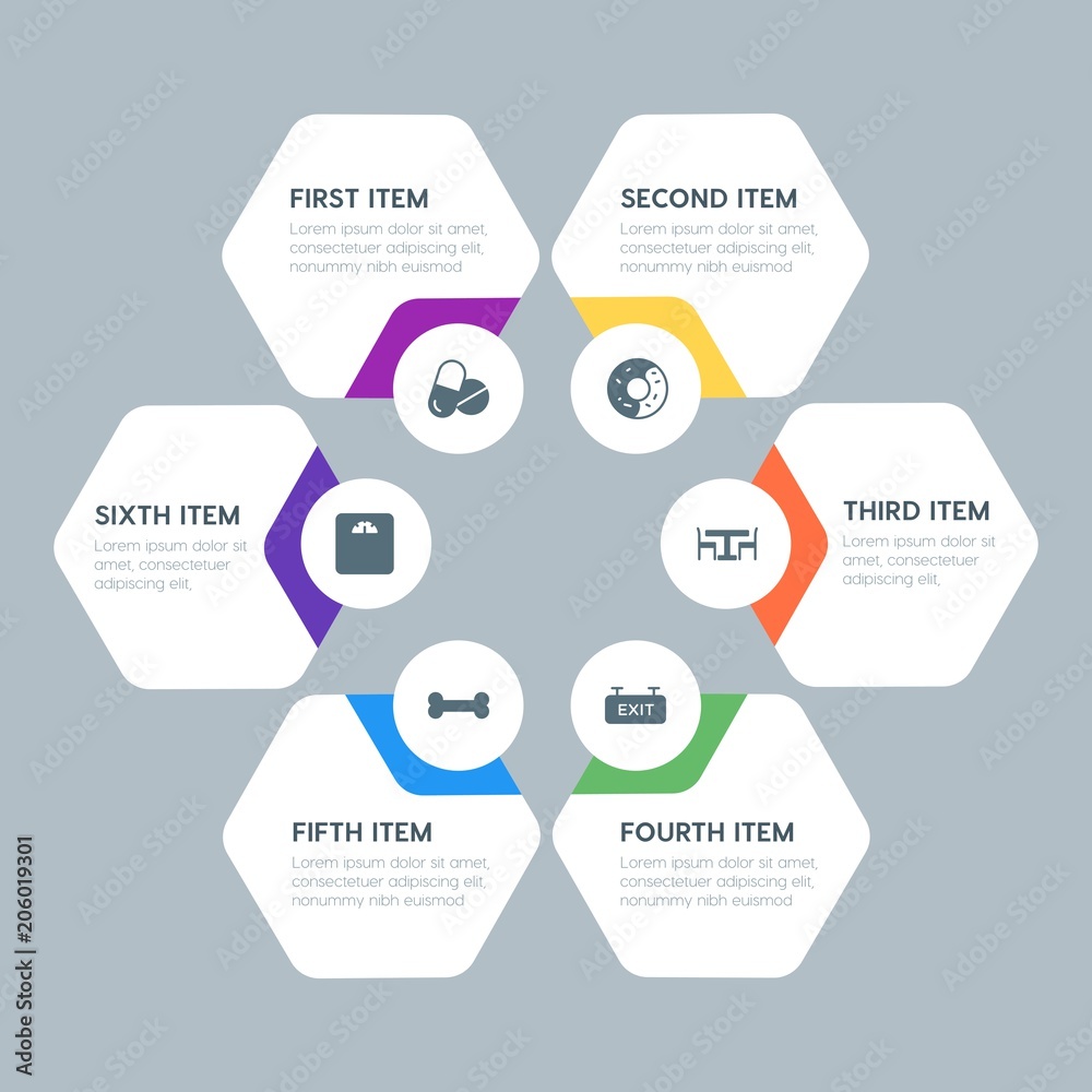 Fototapeta premium Flat geometric food, health, hotel, drinks infographic steps template with 6 options for presentations, advertising, annual reports.