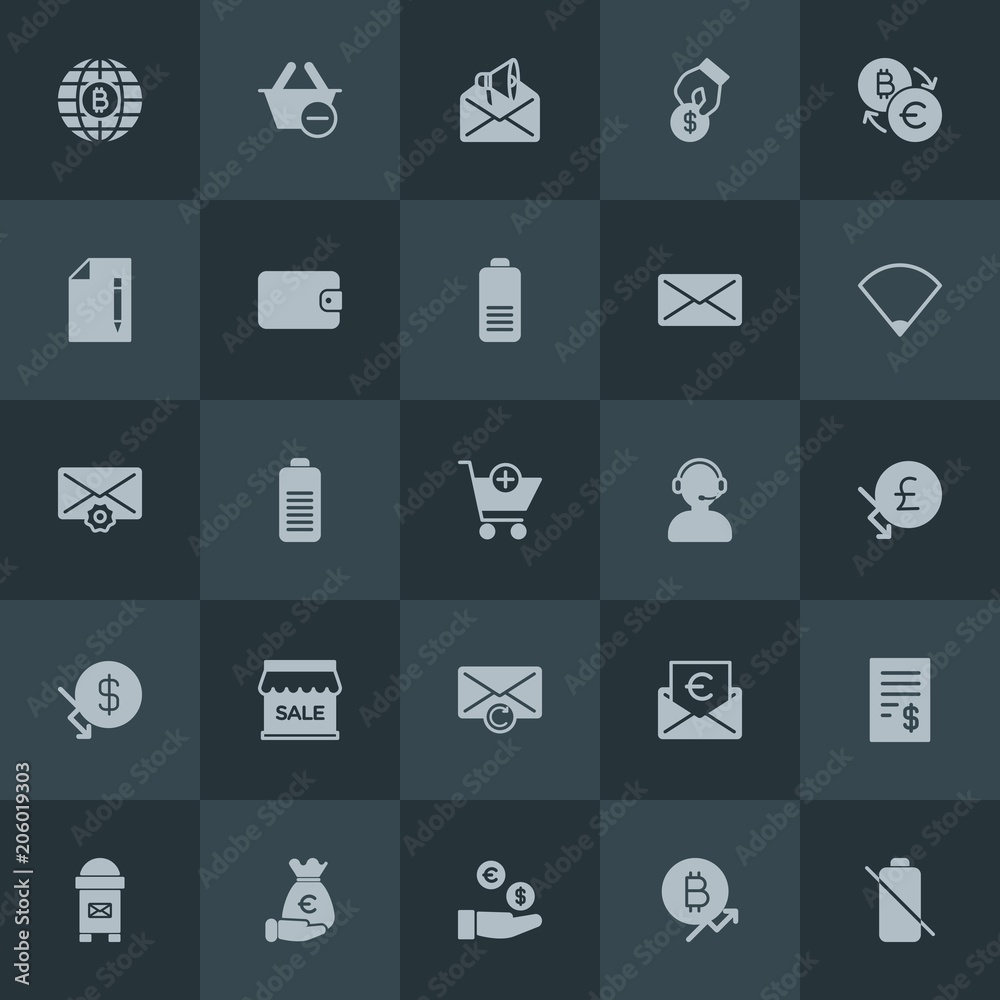 Modern Simple Set of money, mobile, email, shopping Vector fill Icons. Contains such Icons as investment, basket, internet,  promotion, mail and more on dark background. Fully Editable. Pixel Perfect.