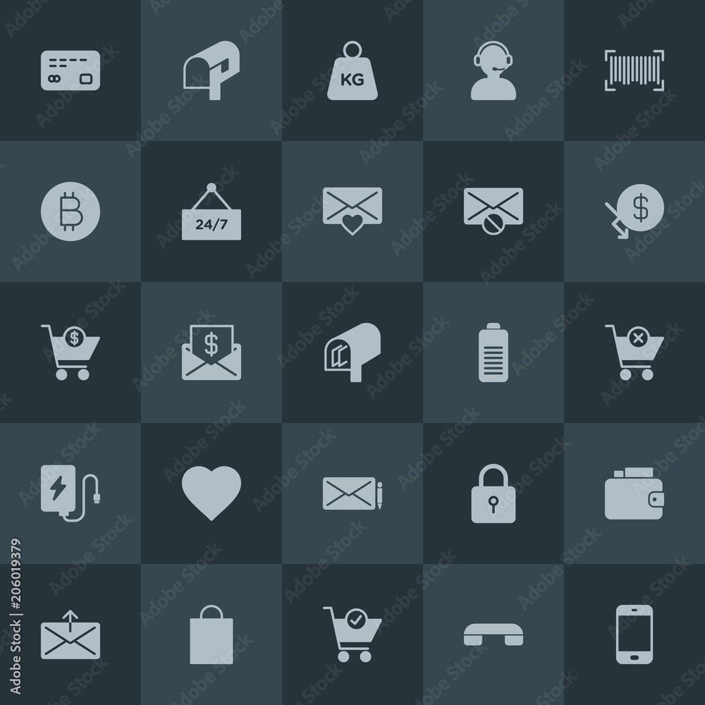 Modern Simple Set of money, mobile, email, shopping Vector fill Icons. Contains such Icons as  safety,  shop,  payment,  house,  mobile and more on dark background. Fully Editable. Pixel Perfect.
