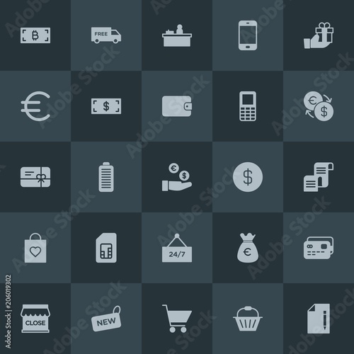 Modern Simple Set of money, mobile, email, shopping Vector fill Icons. Contains such Icons as  transportation,  cash, phone,  sign,  message and more on dark background. Fully Editable. Pixel Perfect.