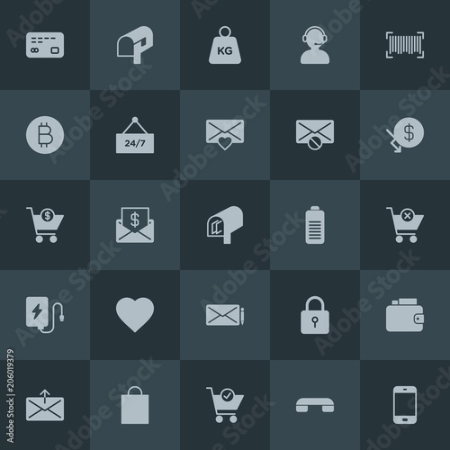 Modern Simple Set of money, mobile, email, shopping Vector fill Icons. Contains such Icons as safety, shop, payment, house, mobile and more on dark background. Fully Editable. Pixel Perfect.