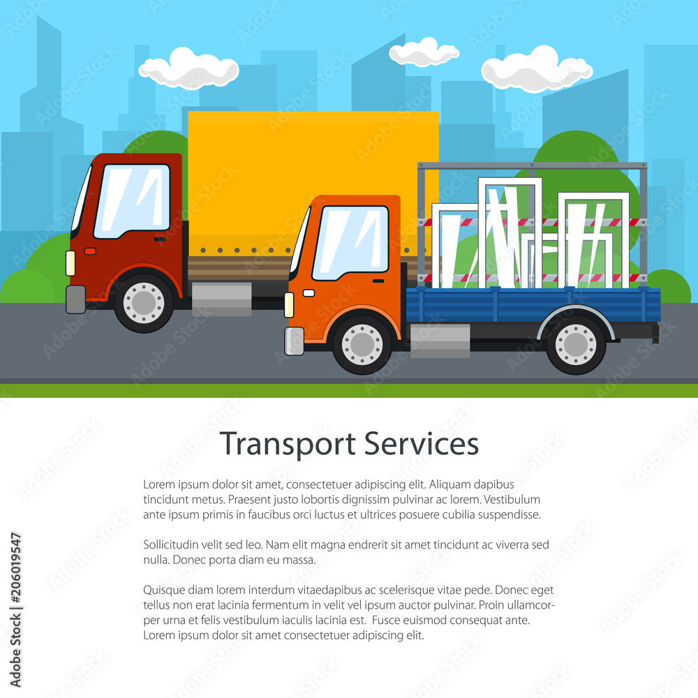 Road Transport and Logistics, Small Covered Truck and Cargo Van with Windows Drive on the Road on the Background of the City, Transport Services, Poster Flyer Brochure Design, Vector Illustration