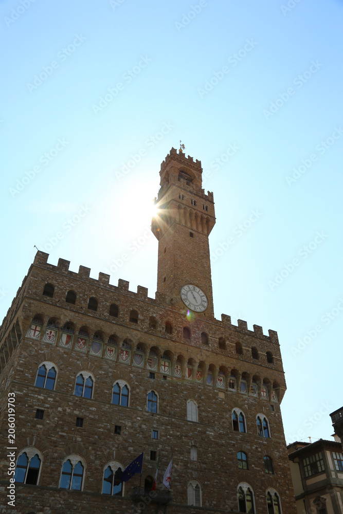 Obraz premium Sunbeams and the high tower of the Palazzo Vecchio in Florence i