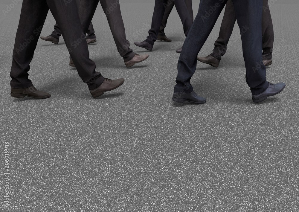 3d rendering. legs of businessman group who walking on concrete road.