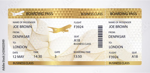 Golden Boarding pass (ticket, traveler check template) with aircraft (airplane or plane) silhouette on gold guilloche background. Travel by Aerial Transport. Vacation. Isolated vector on white photo