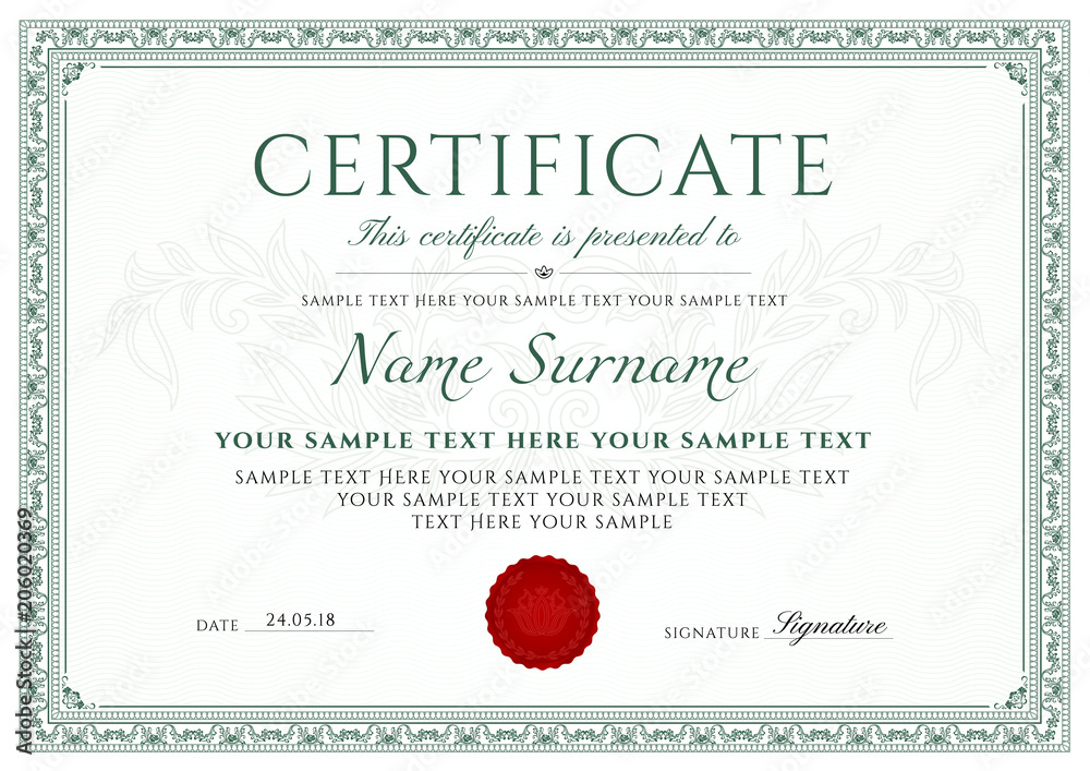 Certificate, Diploma of completion (design template, white background) with green Frame, Border, light Guilloche pattern (watermark) and red emblem